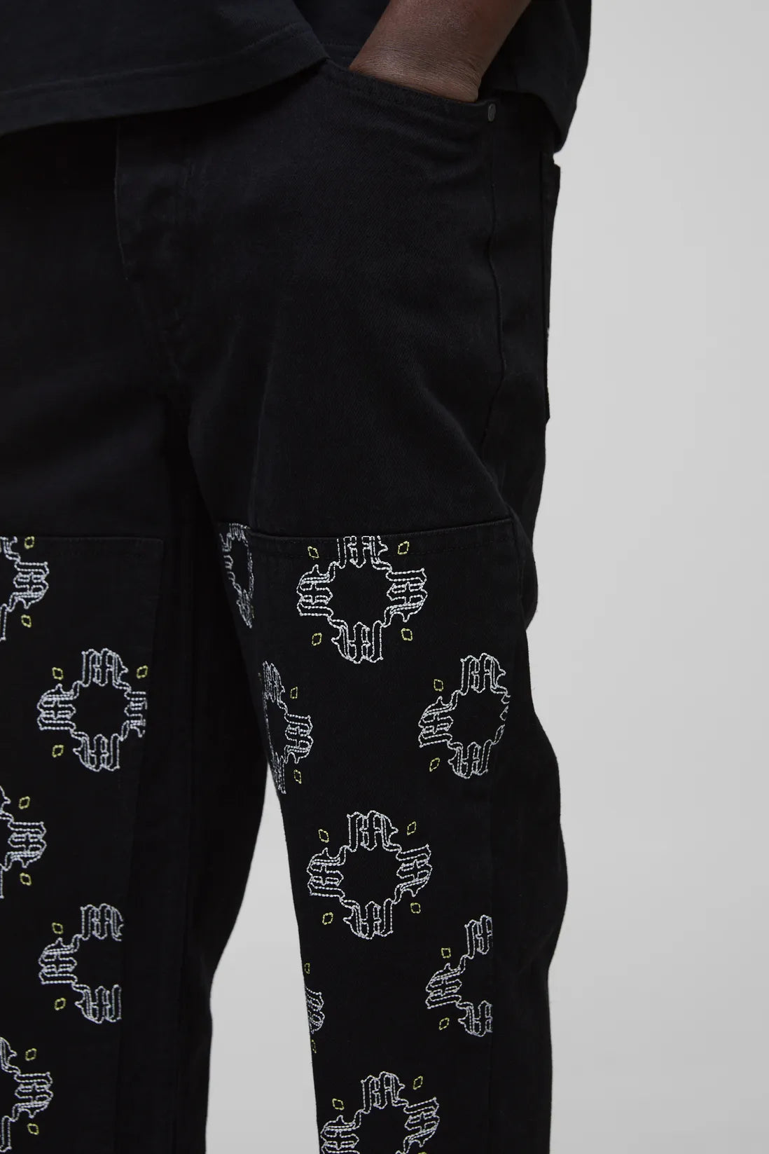 Straight Leg Floral Embroidered Carpenter Jeans
