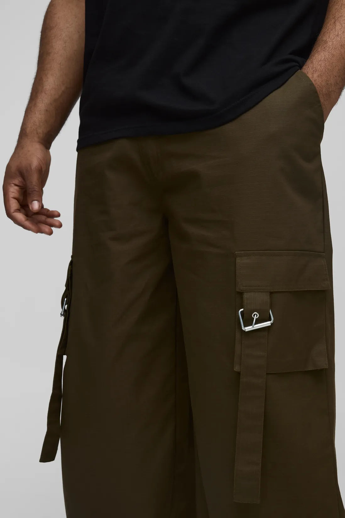 Plus Baggy Fit Ripstop Belt Buckle Detail Cargo Trousers