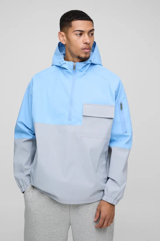 Oversized Colour Block Pocket Detail Hooded Cagoule Raincoat Jackets