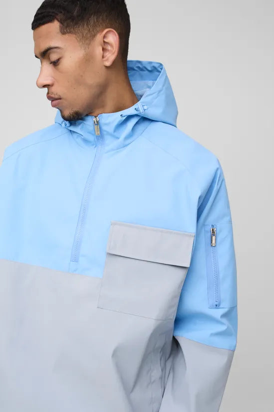Oversized Colour Block Pocket Detail Hooded Cagoule Raincoat Jackets