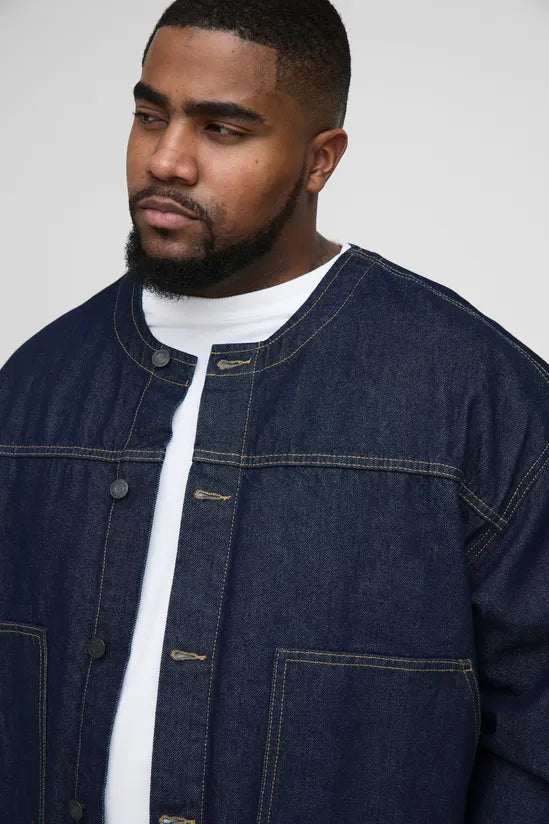 Plus Contrast Stitch Oversized Collarless Denim Jacket