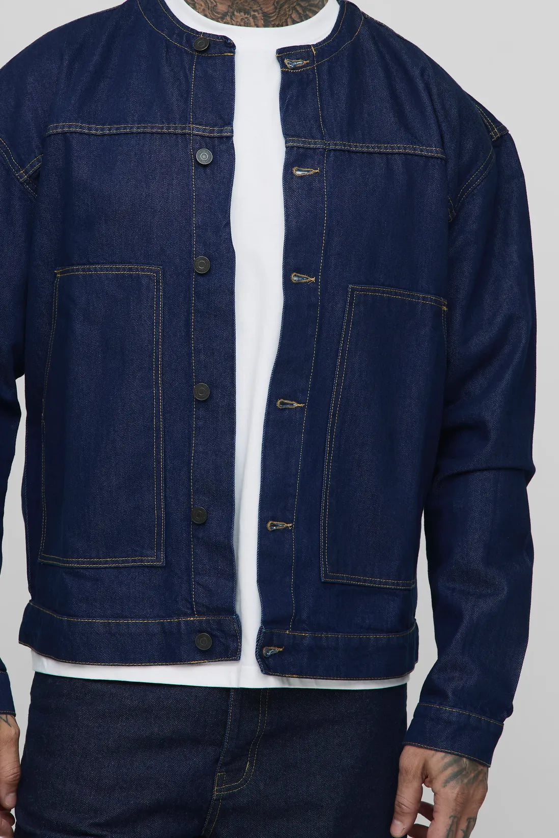 Tall Contrast Stitch Oversized Collarless Denim Jacket