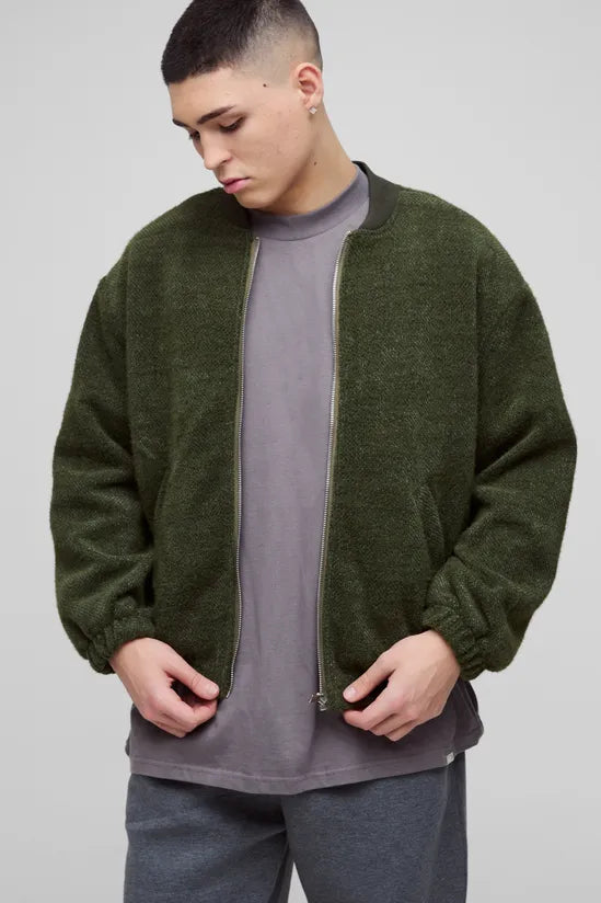 Oversized Boxy Fluffy Textured Bomber Jacket