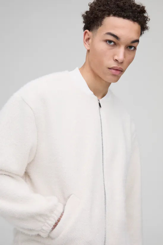 Oversized Boxy Fluffy Textured Bomber Jacket