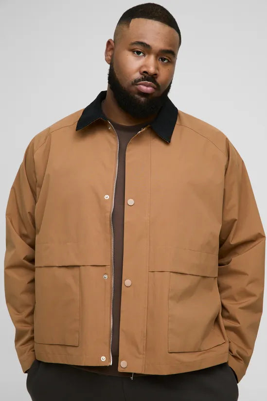 Plus Boxy Cord Collar Worker Jacket In Tan