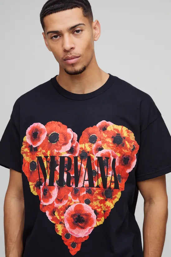Oversized Nirvana Floral Heart License T-Shirt