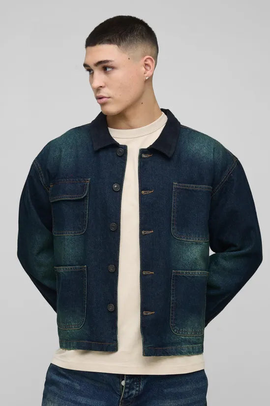Regular Vintage Washed Cord Collar Denim Jacket