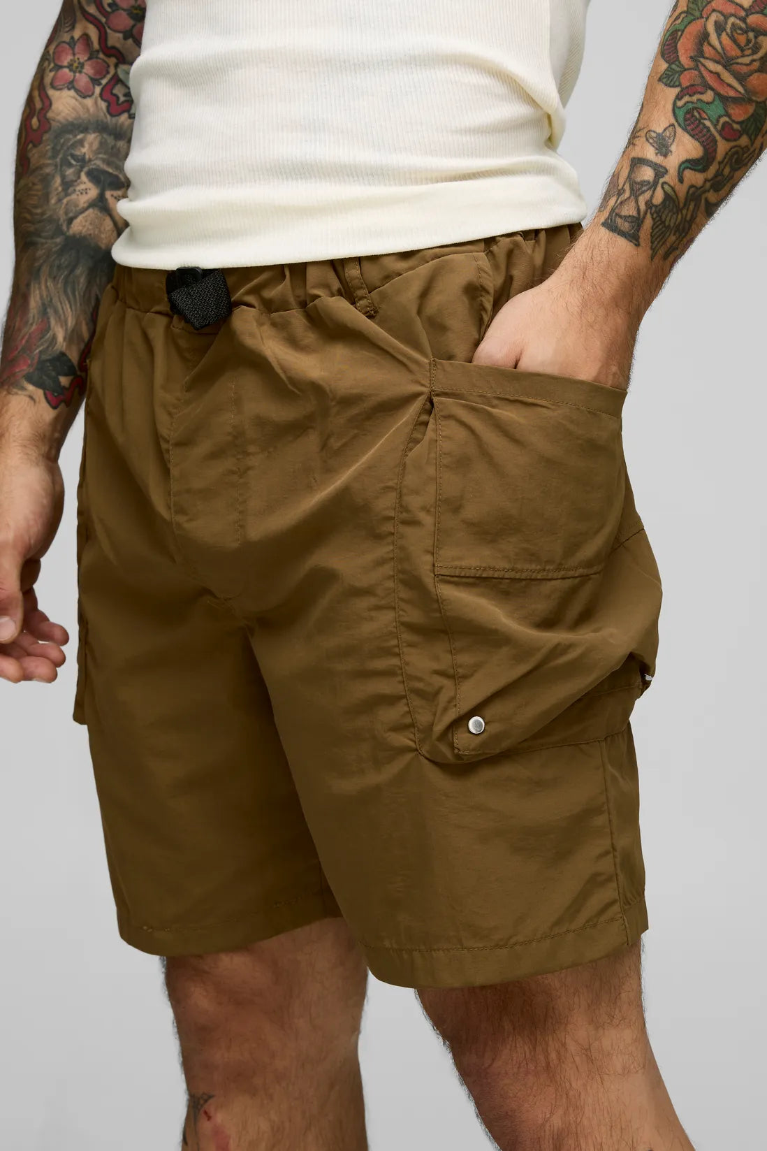 Elasticated Waist Relaxed Crinkle Nylon Cargo Shorts