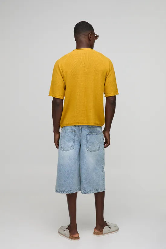 Regular Fit Waffle Raw Trim Knitted T-Shirt