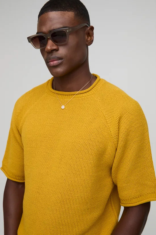 Regular Fit Waffle Raw Trim Knitted T-Shirt
