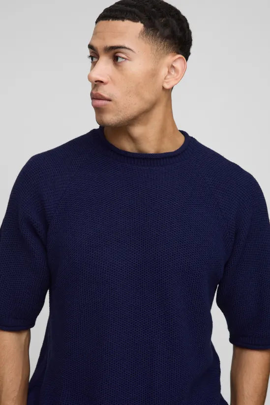 Regular Fit Waffle Raw Trim Knitted T-Shirt