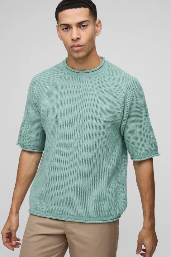 Regular Fit Waffle Raw Trim Knitted T-Shirt