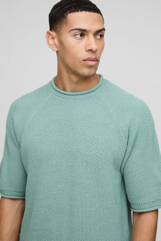 Regular Fit Waffle Raw Trim Knitted T-Shirt