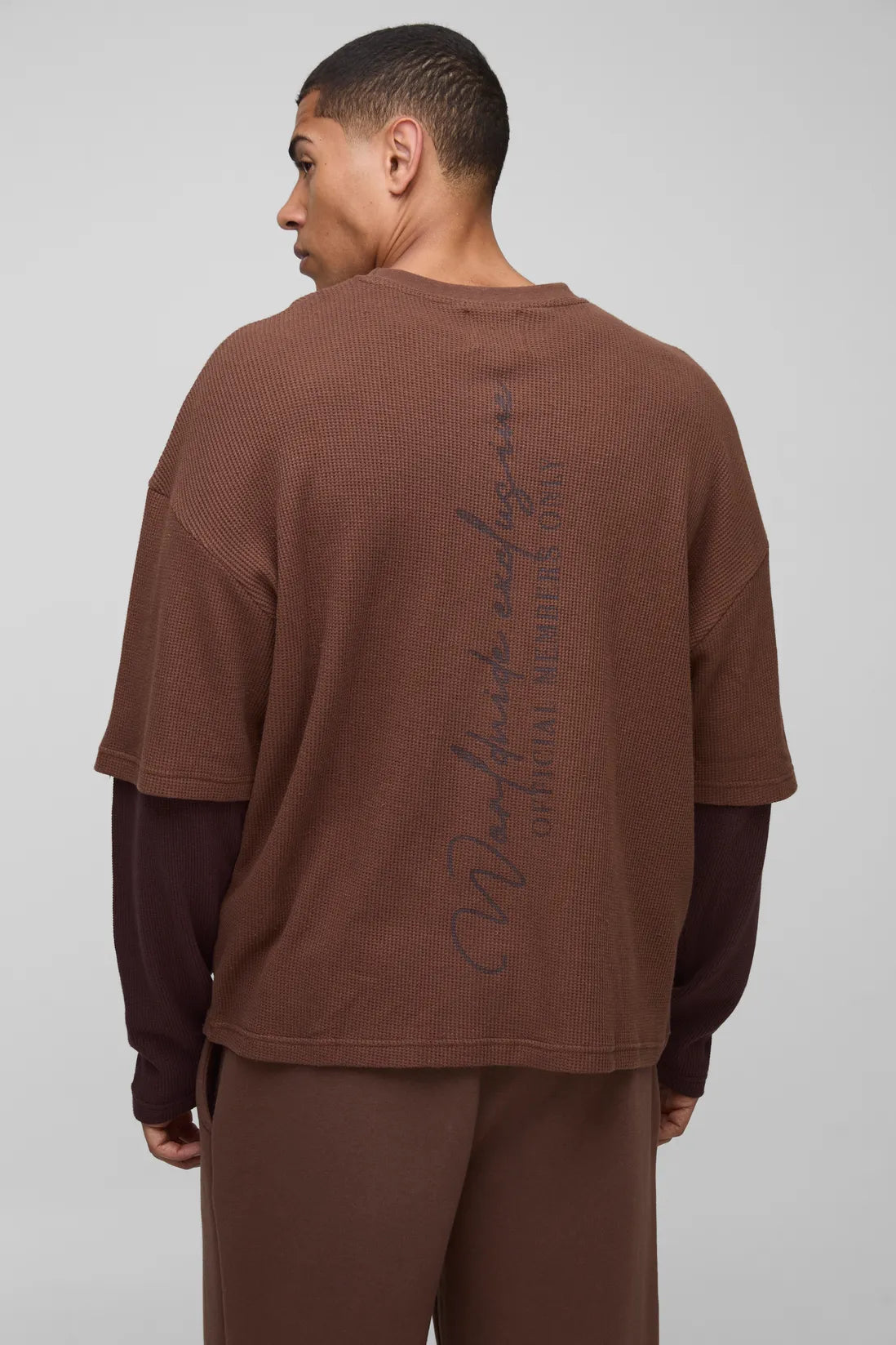 Oversized Boxy Tonal Print Raglan Faux Layer Sleeve Waffle T-Shirt