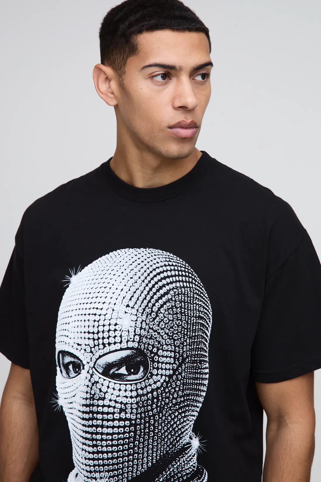 Oversized Rhinestone Mask Print T-Shirt