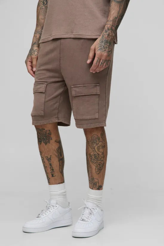 Tall Loose Fit Cargo Acid Wash Jersey Shorts