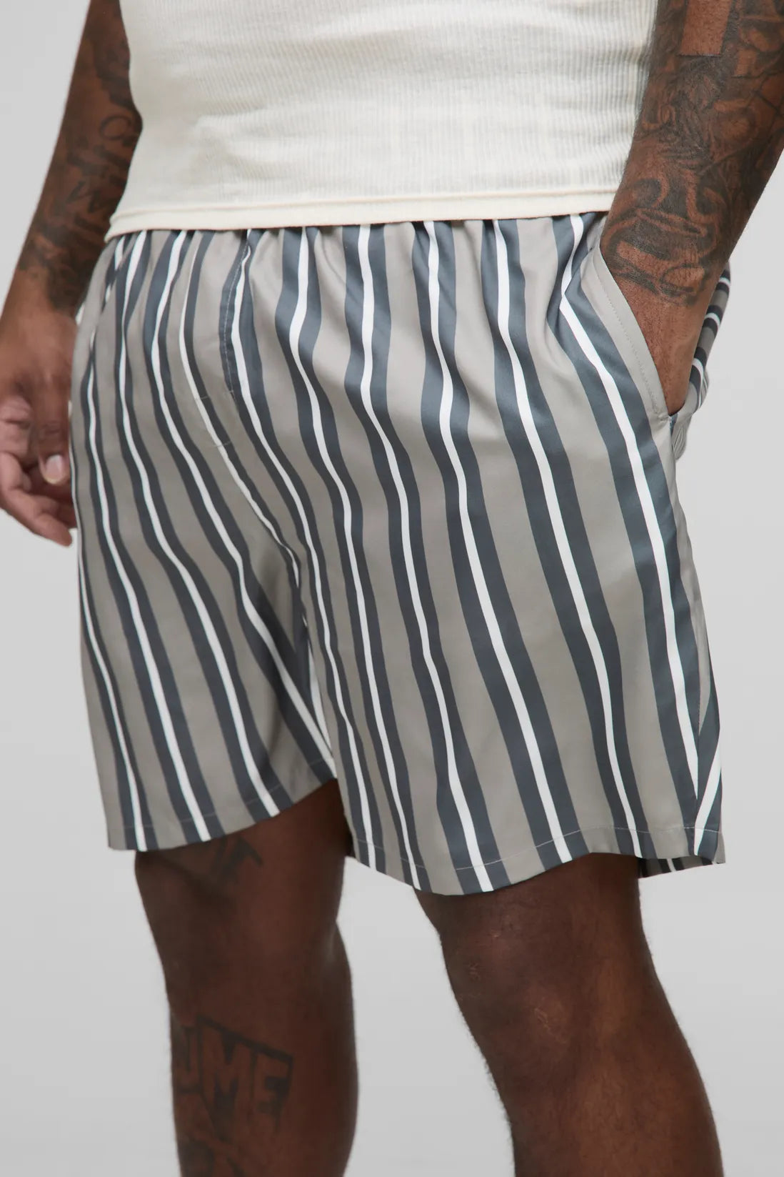 Plus Mid Length Stripe Swim Shorts