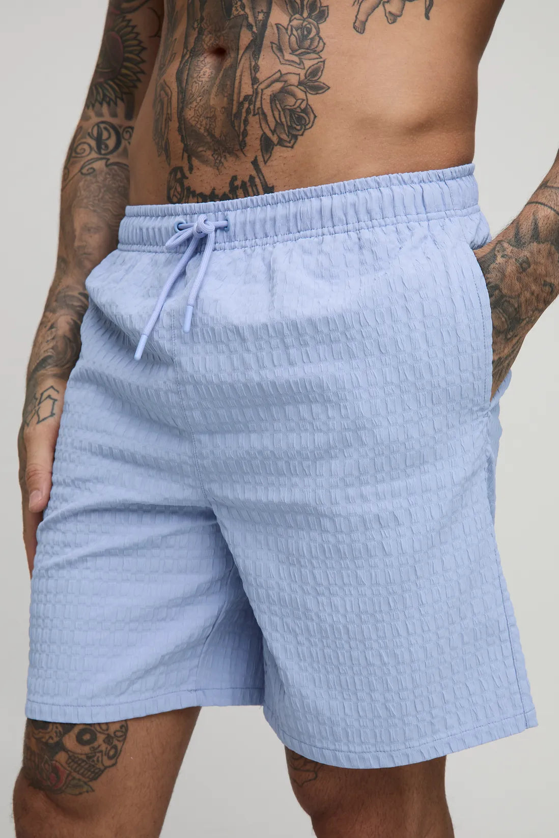 Tall Seersucker Check Mid Length Swim Short