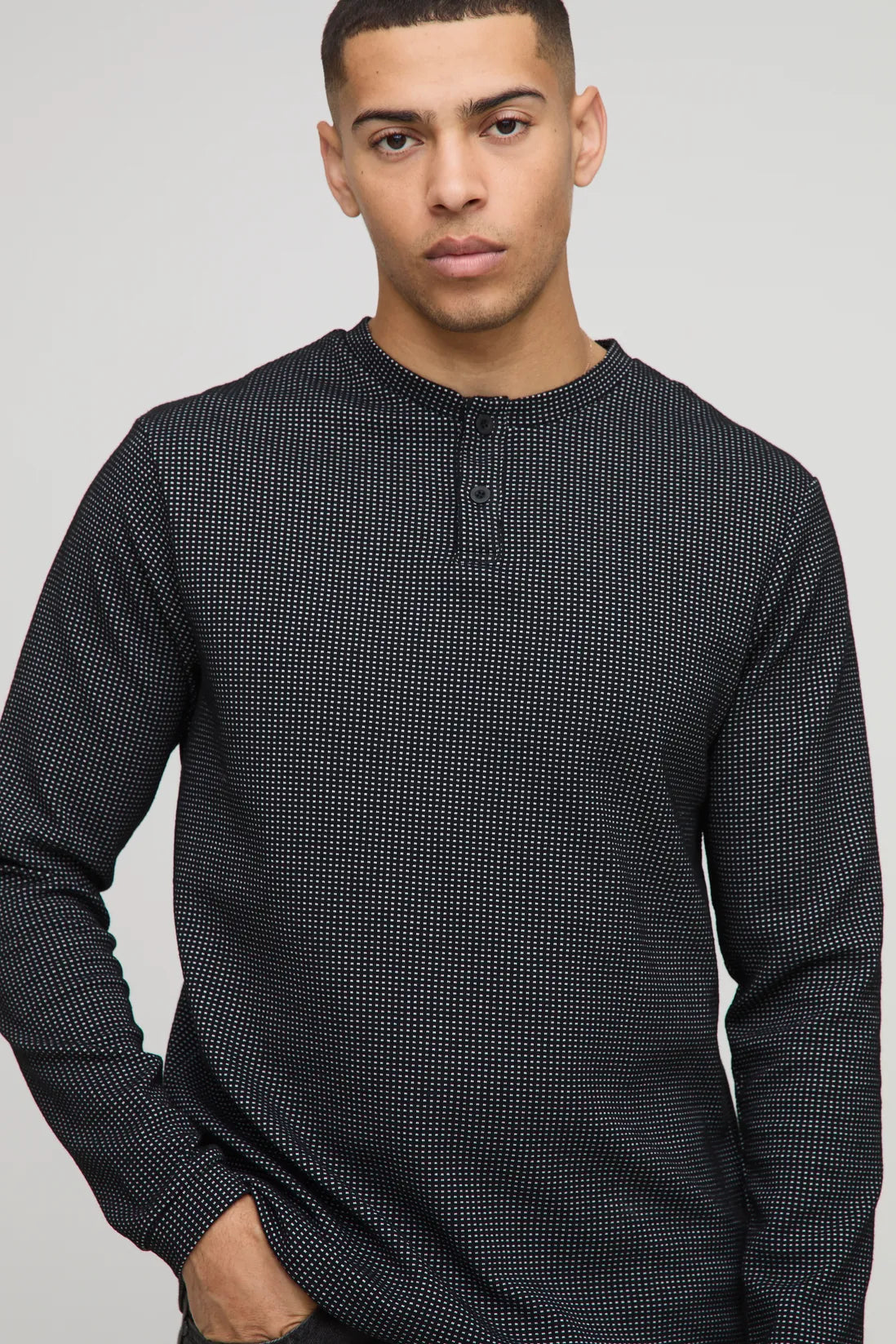 Regular Fit Long Sleeve Contrast Waffle Button Neck T-Shirt