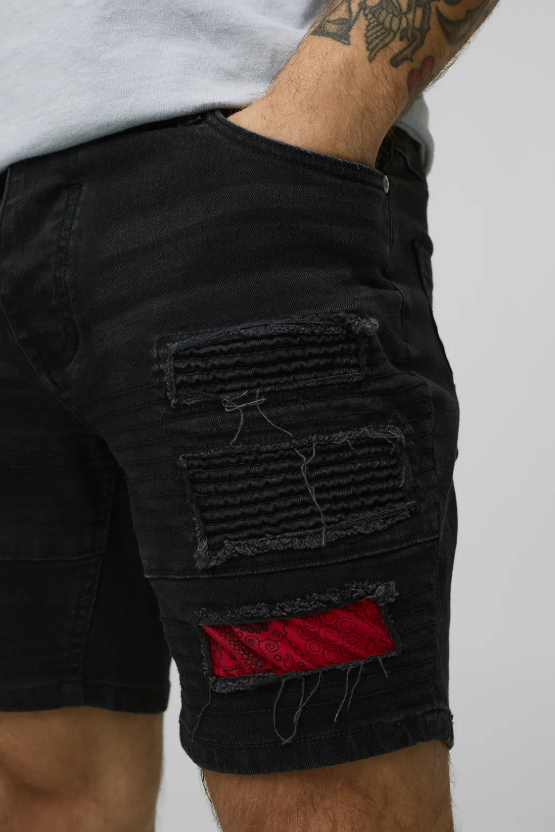 Skinny Fit Biker Bandana Rip & Repair Denim Shorts