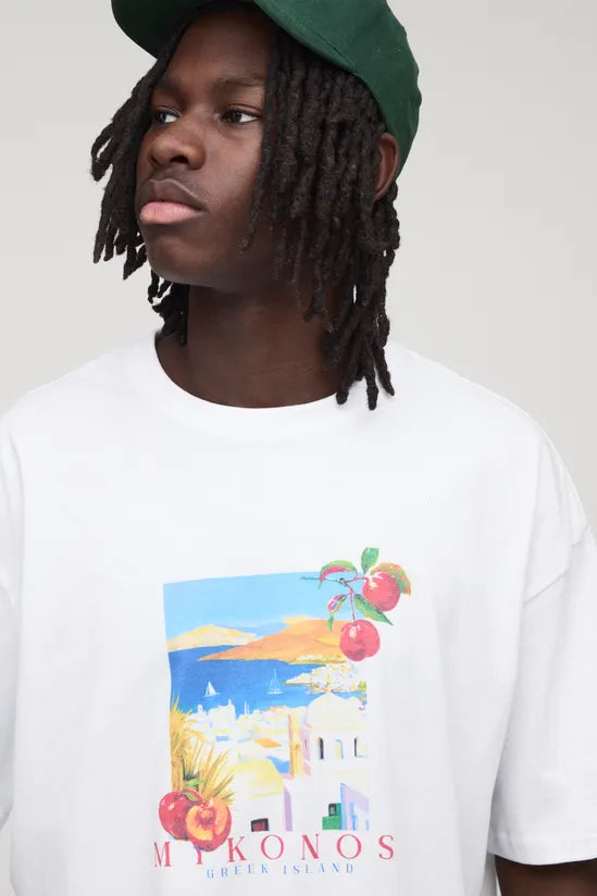 Oversized Mykonos Landscape Graphic T-Shirt