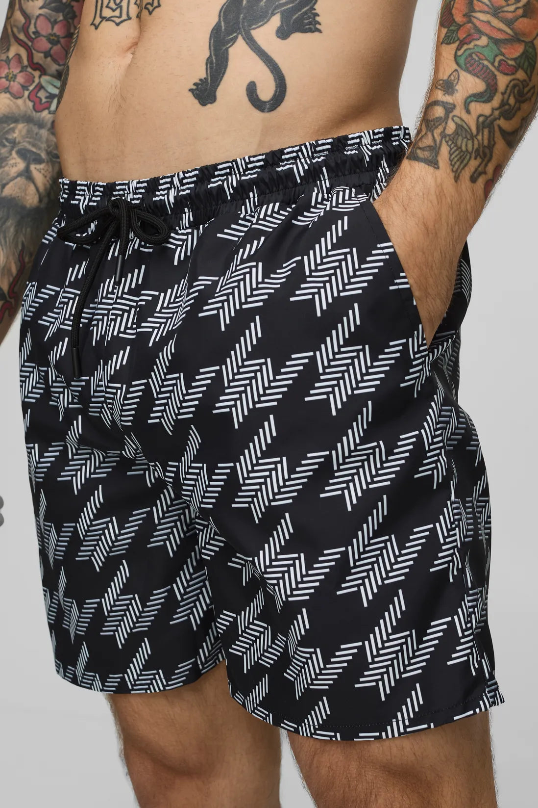 Houndstooth Print Mid Length Swim