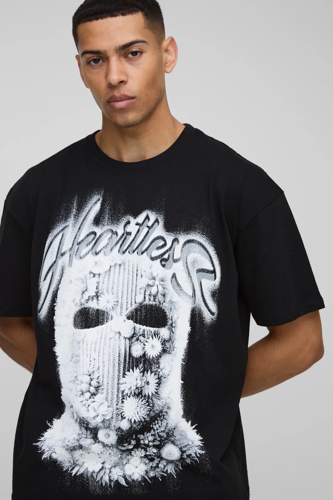 Oversized Heartless Floral Mask Printed T-Shirt
