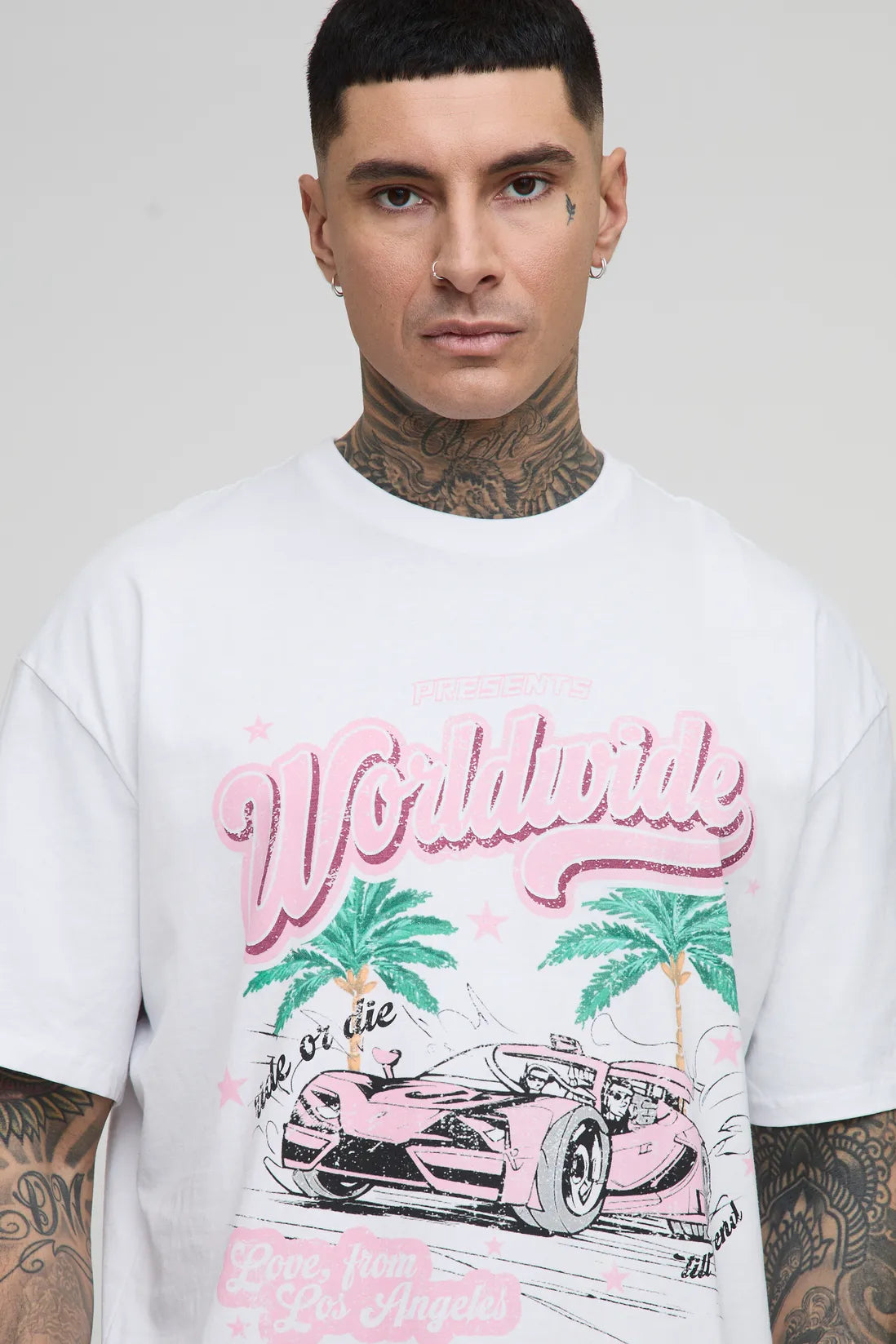 Tall Oversized Worldwide Palm Print Moto T-Shirt