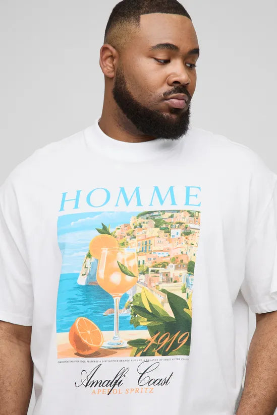 Plus Oversized Extended Neck Homme Amalfi Coast Landscape T-Shirt