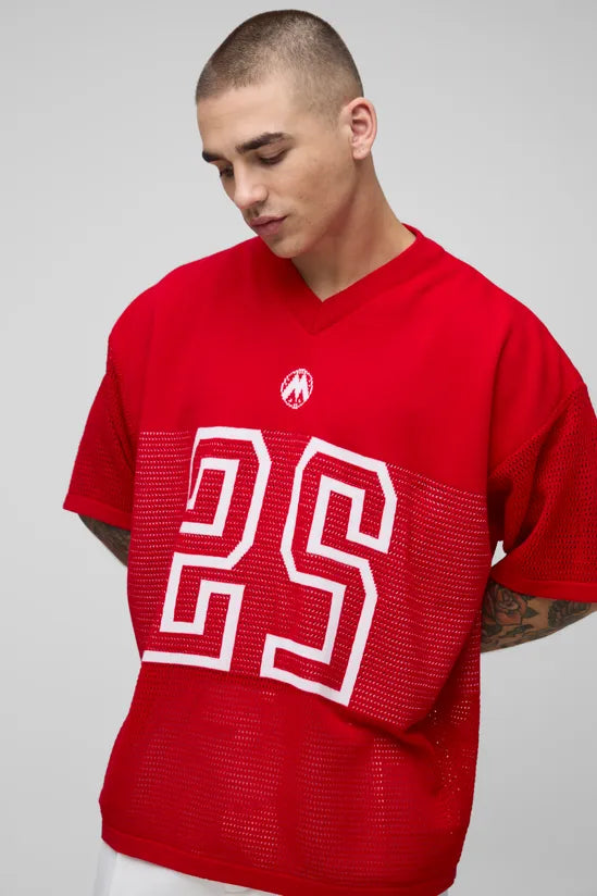 Oversized Fit Varsity V Neck Knitted T-Shirt