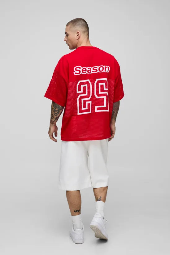 Oversized Fit Varsity V Neck Knitted T-Shirt