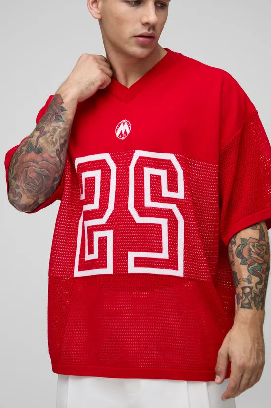 Oversized Fit Varsity V Neck Knitted T-Shirt