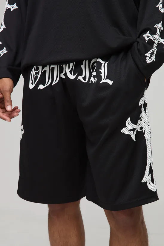 Oversized Official Gothic Cross Mesh Shorts