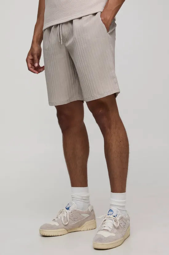 Elasticated Waist Relaxed Fit Textured Stripe Shorts