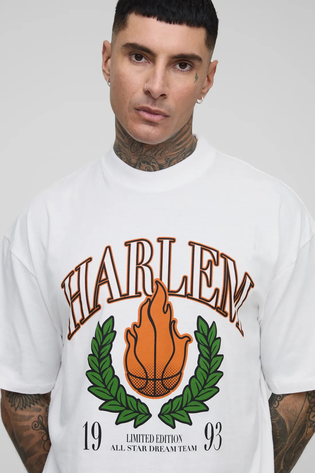 Tall Oversized Extended Neck Harlem Varsity Print T-Shirt