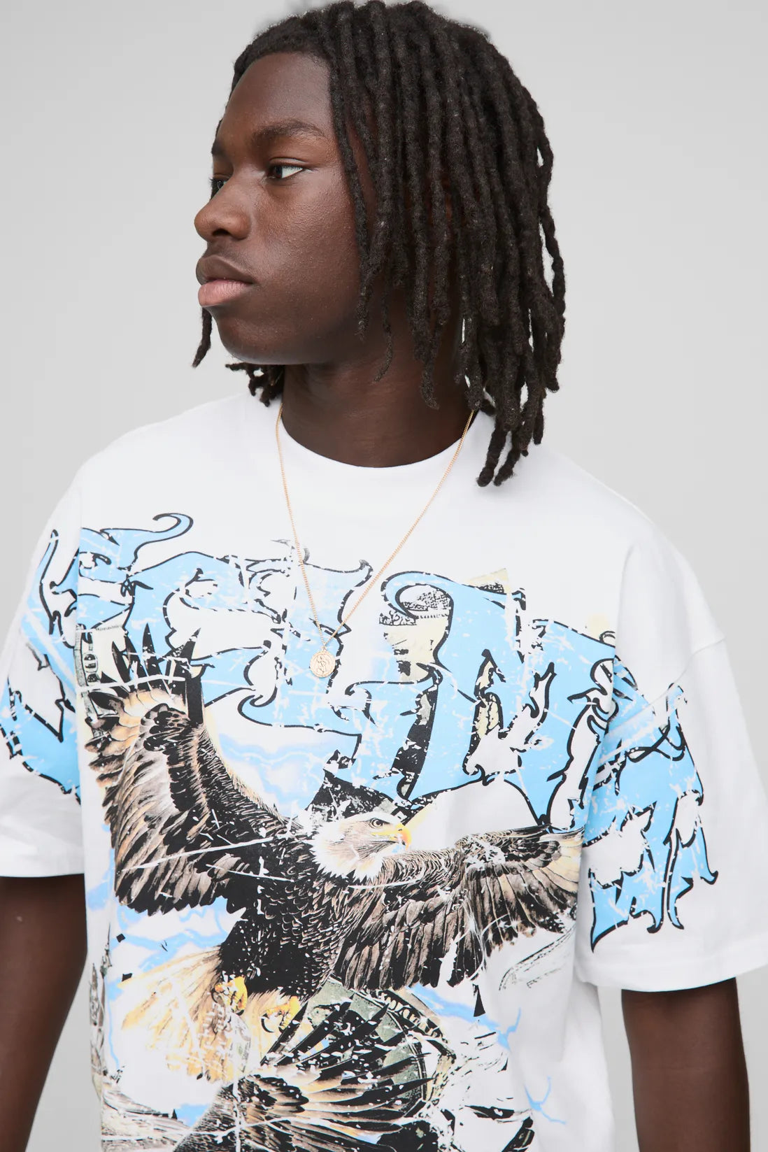 White Oversized Extended Neck Ofcl MAN Eagle Over The Seam Printed T-Shirt