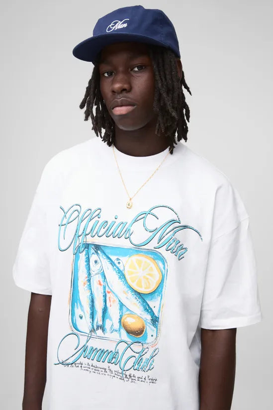 White Oversized Extended Neck Official Man Sardine Printed T-Shirt