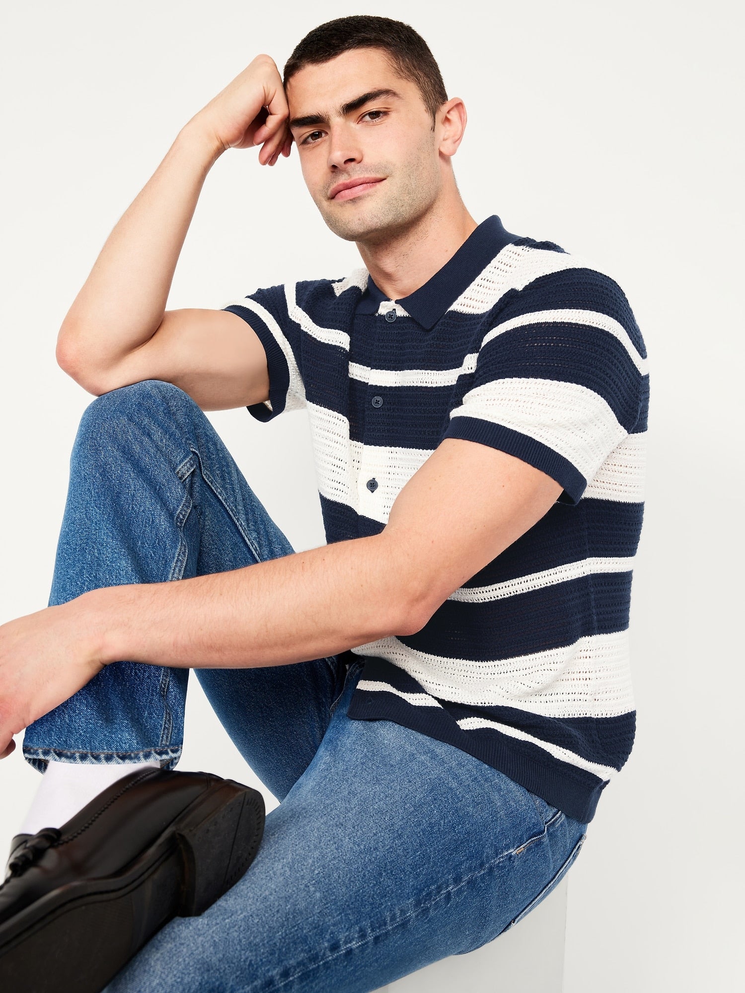 Button-Front Open-Stitch Sweater