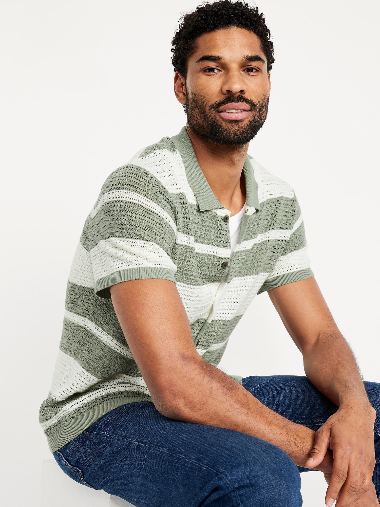 Button-Front Open-Stitch Sweater