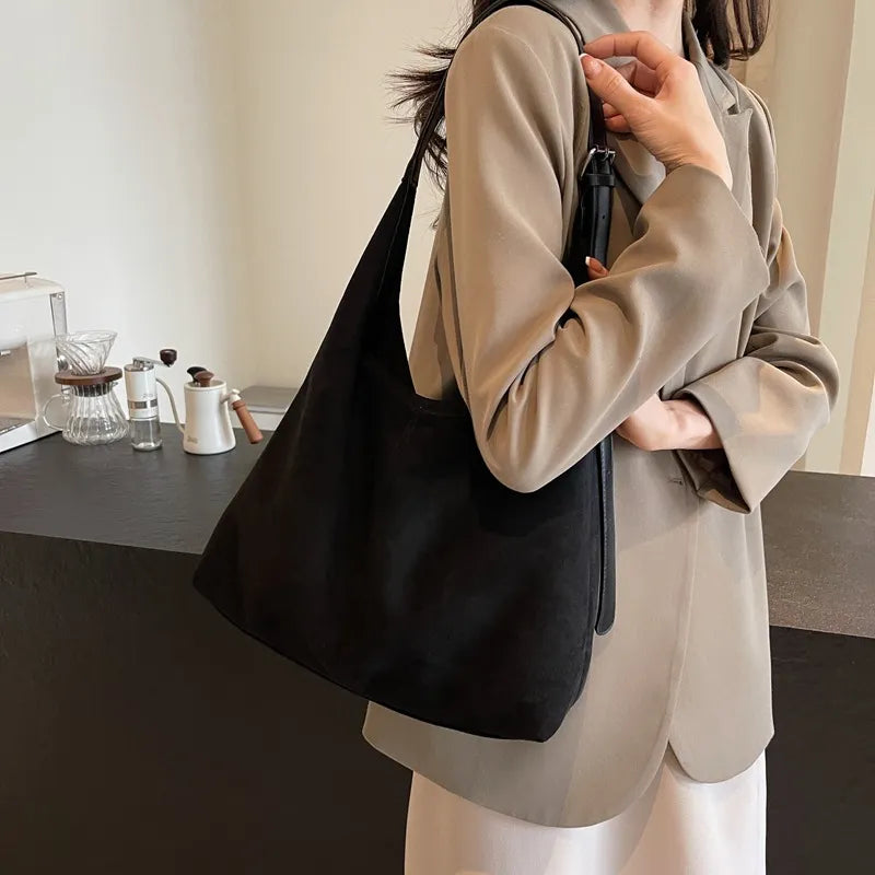 Women Fashion Casual Solid Color Suede Large Capacity Shoulder Bag
