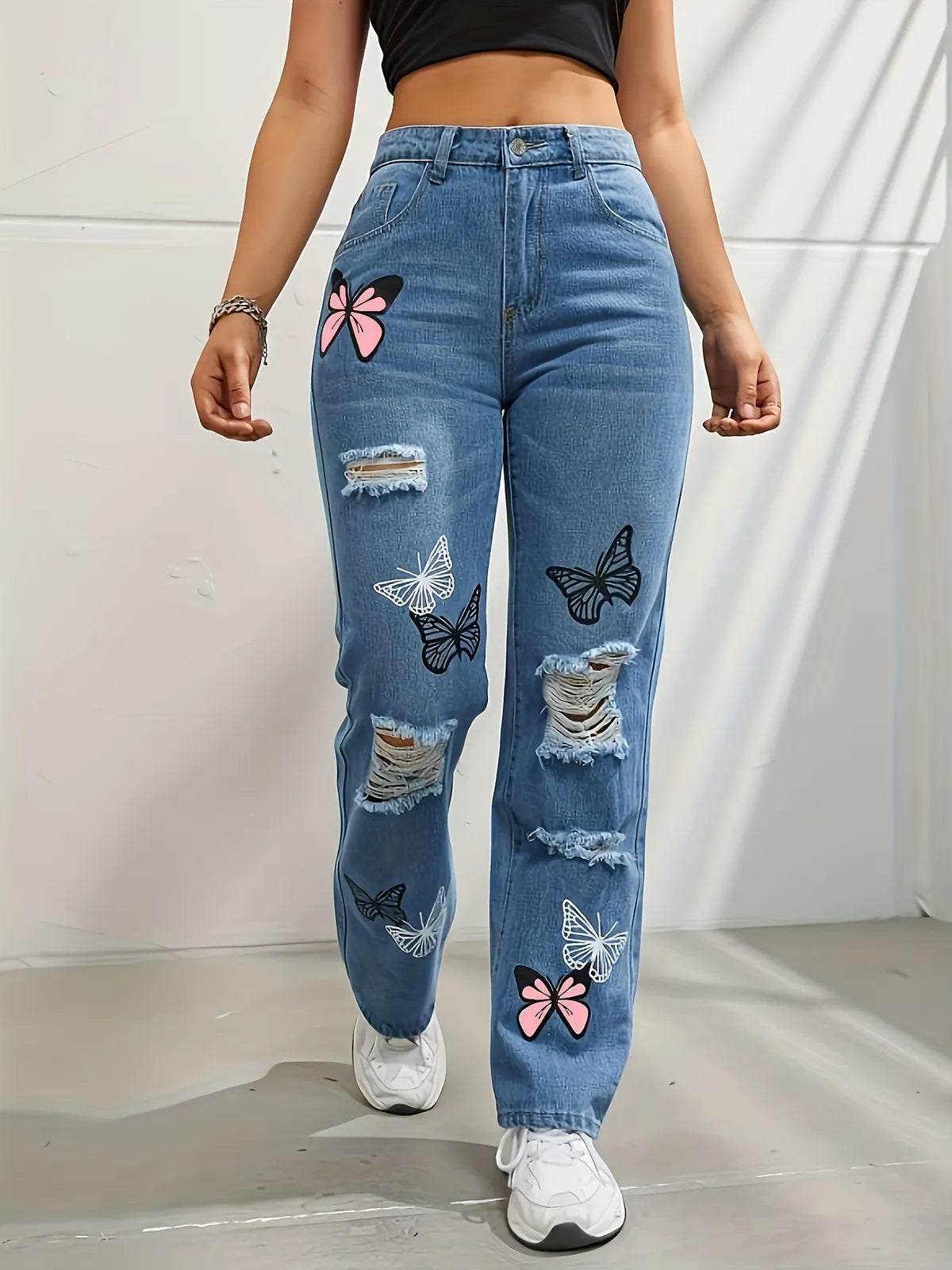 Butterfly Print Ripped Straight Jeans