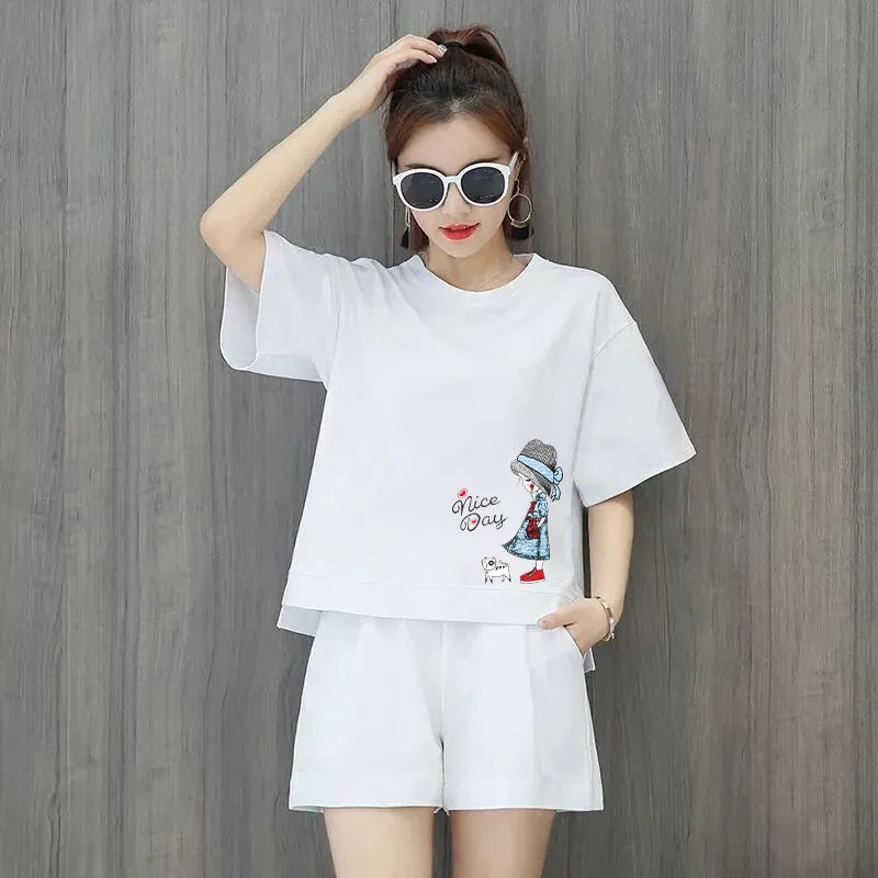 Women Fashion Casual Loose Solid Color Printed Round Neck Short Sleeve T-Shirt Defined Waist Shorts 2pcs Set