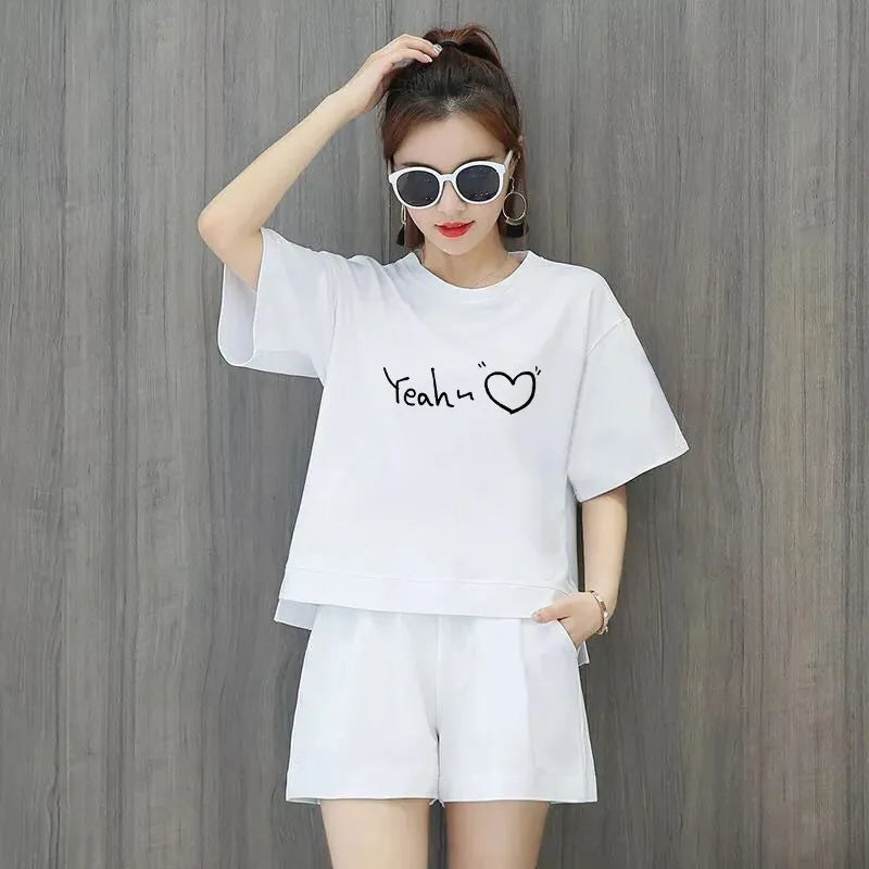 women fashion casual loose solid color printed round neck short sleeve t-shirt defined waist shorts 2pcs set