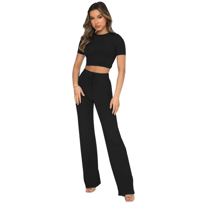 Women Fashion Casual Solid Color Stretchy Slim-Fit Short-Sleeved And Wide-Leg Pants Two-Piece Set