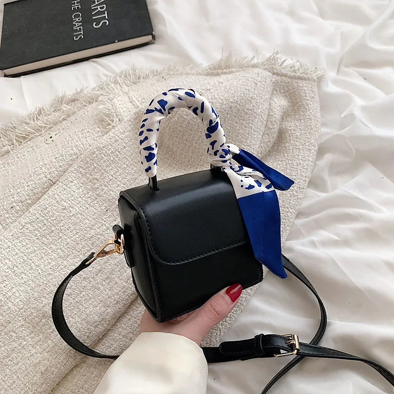 Women Fashion Flap Buckle Design Silk Scarf Decoration Solid Color Pu Crossbody Mini Bag
