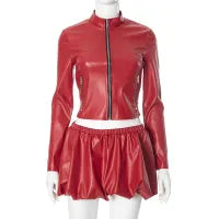 Women Fashion Sexy PU Long Sleeve Zipper Jacket Skirt Two-Piece Set