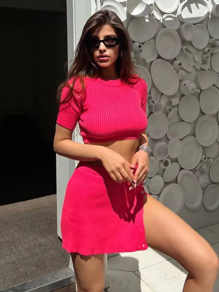 Women Fashion Sexy Knitted Short Sleeve Crop Top Split Button Skirt Two Piece Set