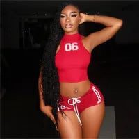 Women Fashion Sexy Letter Printed Tank Top Tight Shorts Two-Piece Set