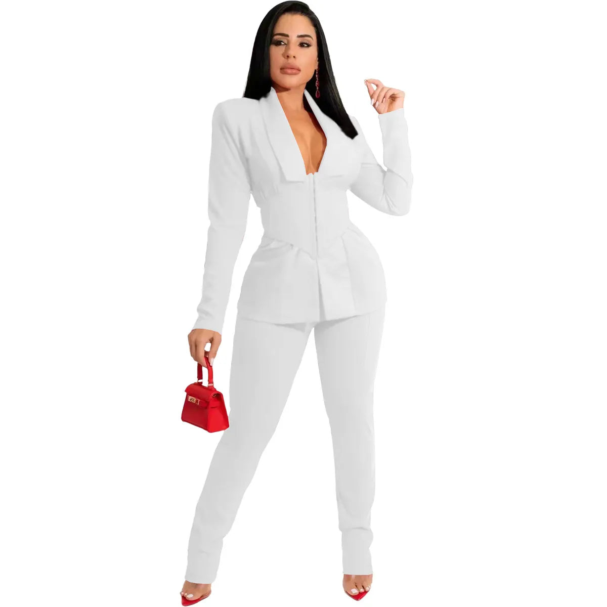 Women Solid Color Lapel Long Sleeve Top And Pants Two-Piece Set