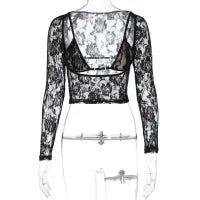 Women Fashion Sexy Slim-Fit Cut Out Lace Long Sleeve Crop Top